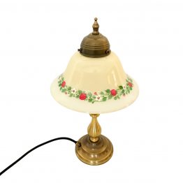 Tischleuchte Messing brüniert mit Elfenbein-farbenen Lampenschirm, handbemaltes Dekor: Erdbeer-Ranke